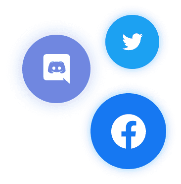 Social icon bubbles for Facebook, Instagram, Twitter and Discord